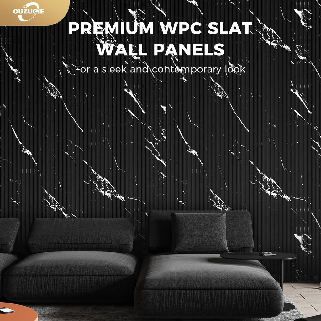 OUZUGIE WPC Acoustic Slat Wall Paneling, 8-Pack 96 x 6 Inches 3D Wall Panels for Interior Wall Decor,Living Room,TV Background,Study Room,Office Spaces,Bedroom,Low Grille (Black Marble-1)