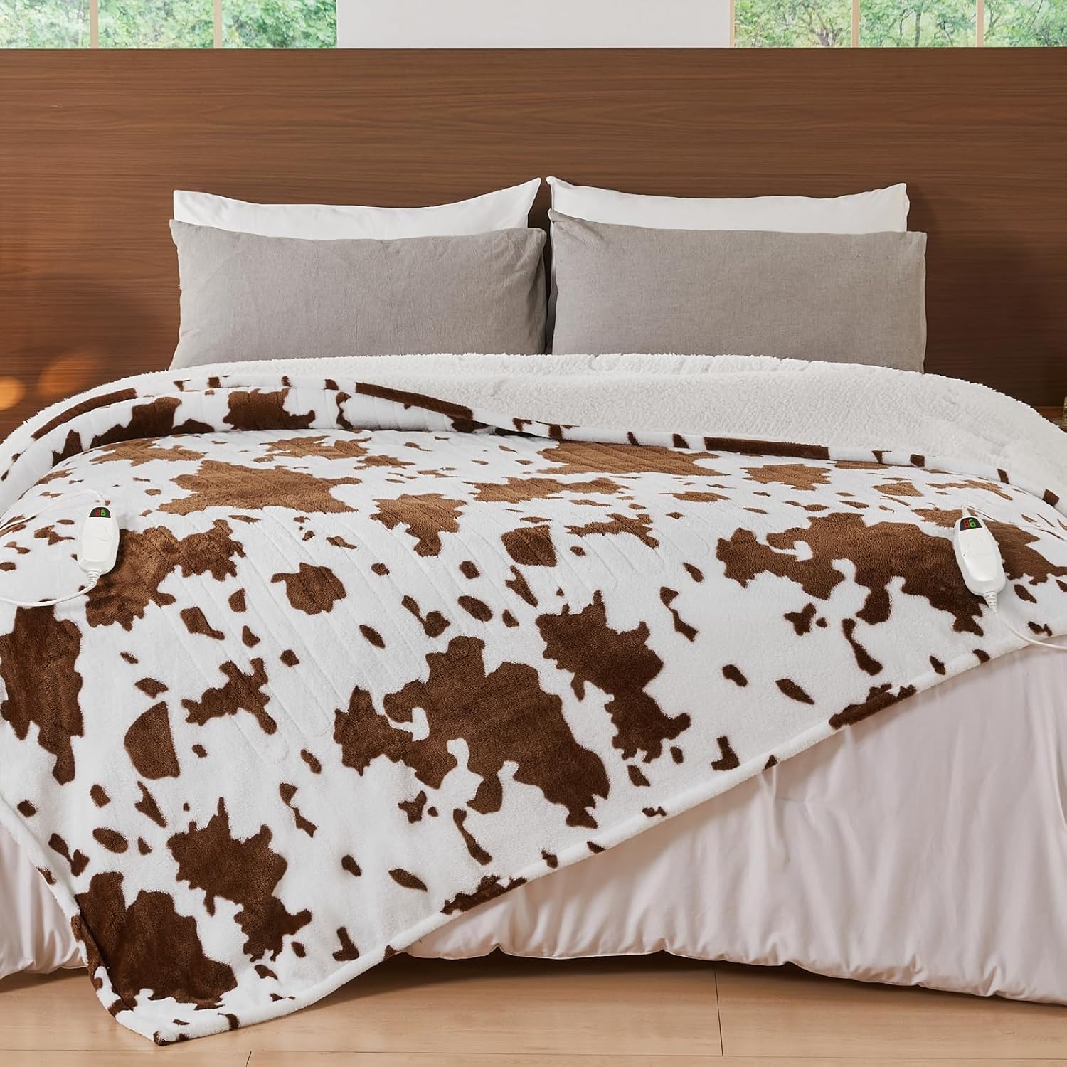 Cow Print Electric Heated Blanket Queen Size,84X90 Brown Heating Blanket Queen With Dual Control&Timer&10 Heat Levels,Highland Cow Decor Fleece Sherpa Blankets Warmer Gifts for Bed Women Adults