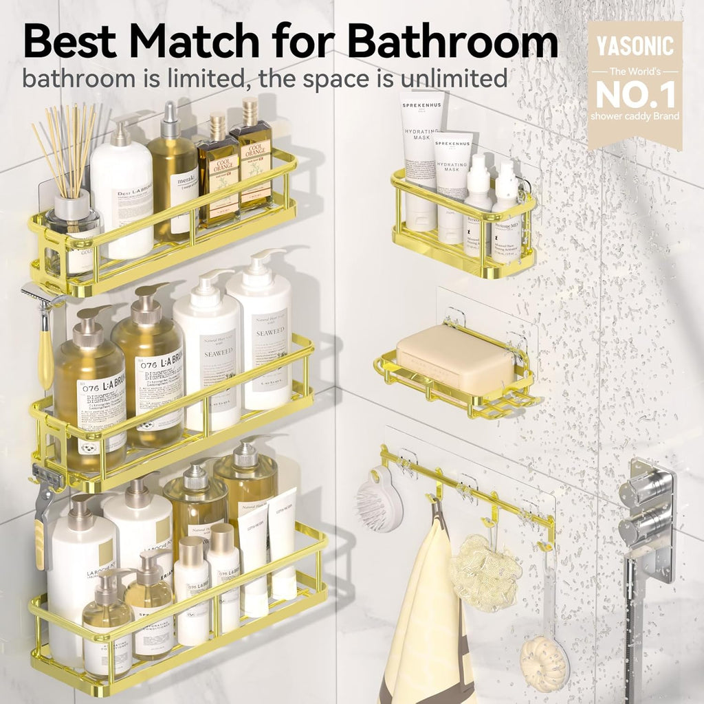 YASONIC Shower Caddy, 6 Pack Large Capacity Bath Organizer with Soap Holder and 12 Hooks, Rustproof Shower Shelves for Inside Shower, No Drilling&Sleek Bathroom Organizers and Storage Gold