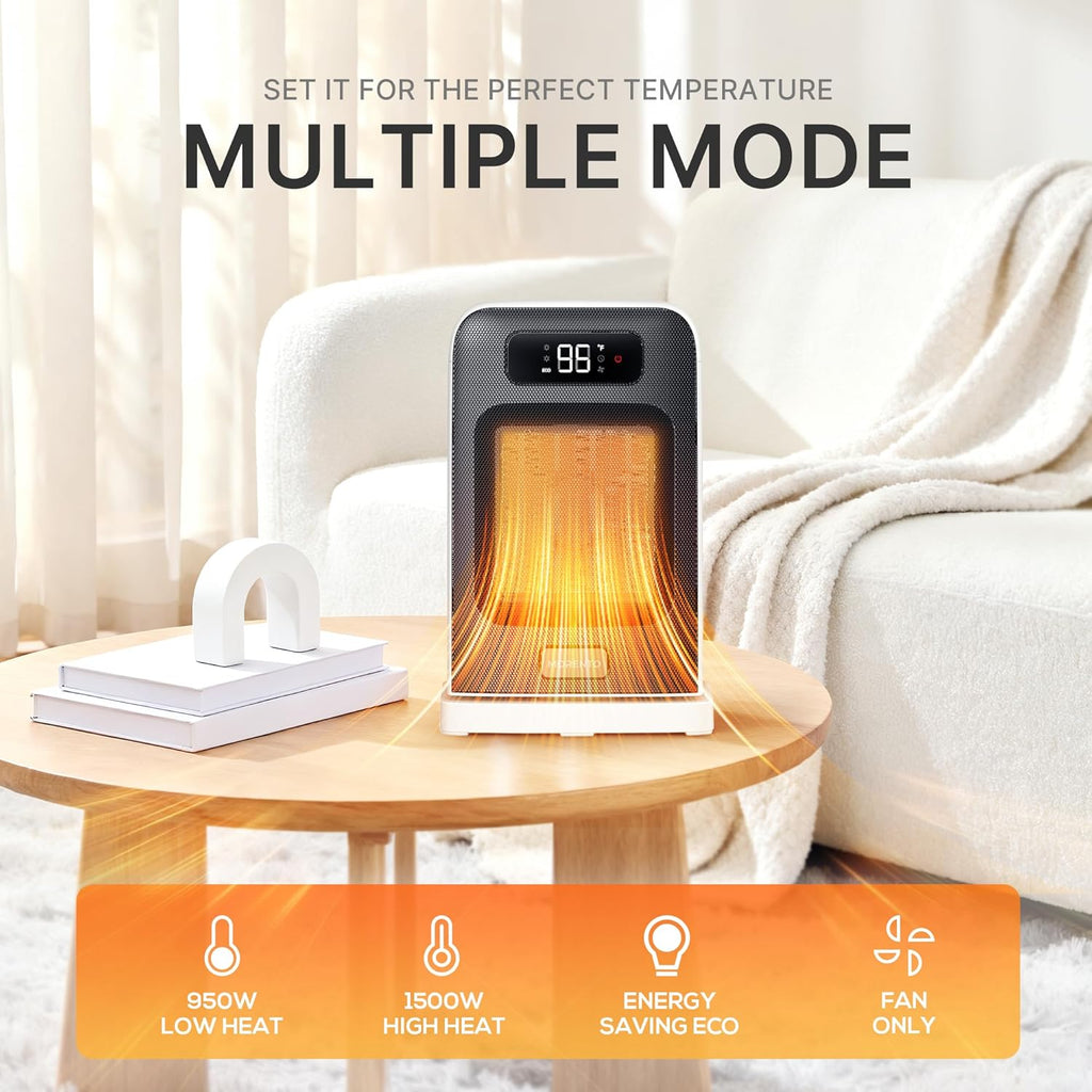 MORENTO Space Heater, Portable Space Heaters for indoor Use, Auto Temperature Control, LED Display Electric Heater, ECO Mode & 0-12H Timer, Quiet Heaters for Office, Bedroom, Home (White, 1 Pack)