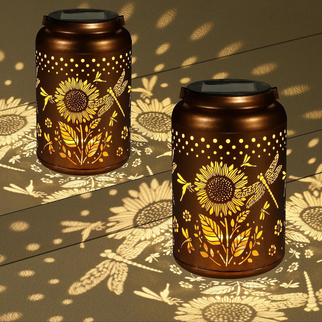 2 Pack Solar Lanterns Outdoor Waterproof, Dragonflies Garden Decor Gifts for Women Mom Grandma Hanging Solar Lights Metal Decoration Outside for Yard, Pati(Sunflowers)