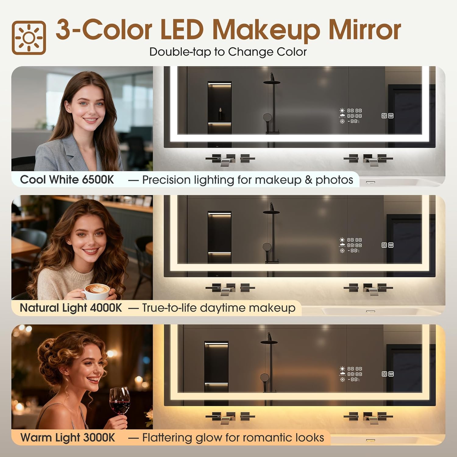 STARLEAD 28"x36" LED-Bathroom-Mirror-with-Lights, Wall-Mounted with Clock, Anti-Fog, 3 Color Temperature, Dimmable Brightness, Waterproof, Tempered Glass, Frontlit & Backlit