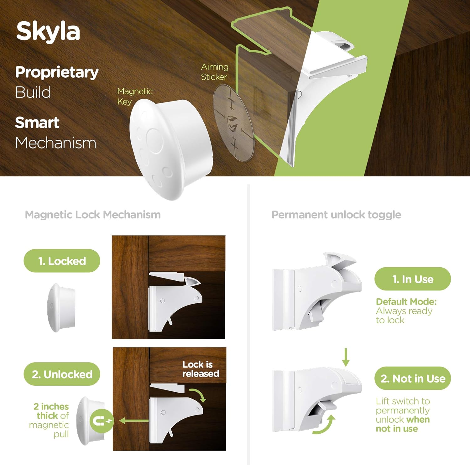 SKYLA HOMES Magnetic Cabinet Locks Baby Proofing Child Safety - The Safest Quickest and Easiest Multi-Purpose 3M Adhesive Child Proof Latches, No Screws or Tools Needed (4 Pack)