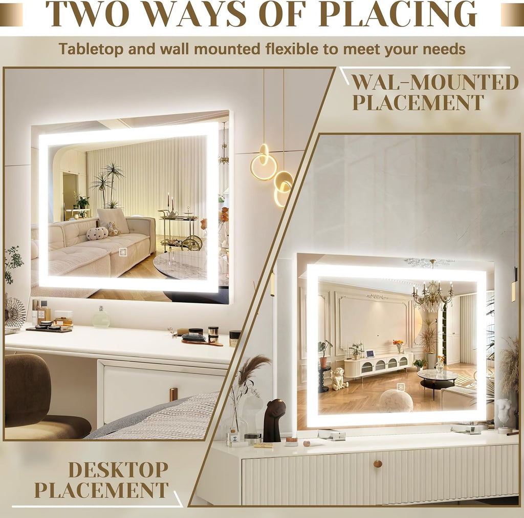ROLOVE 22x20 Inch Lighted Vanity Mirror, 3-Mode Touch Dimming LED Lighting, Large Makeup Mirror for Dressing Room, Tabletop or Wall-Mounted, White