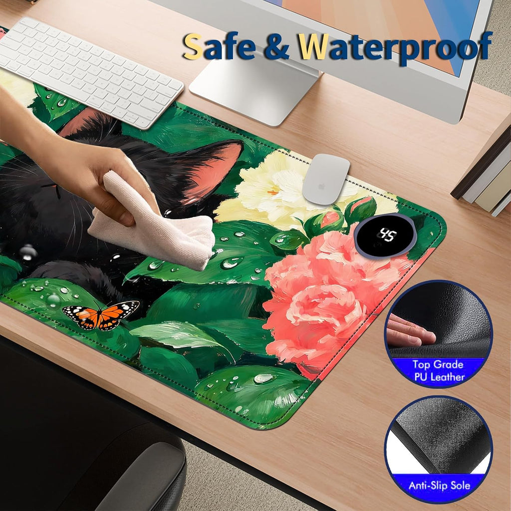 Heated Mouse Pad with 3 Temperature Settings(104°F–122°F),Large 31.5x13 Inch PU Leather Heated Desk Mat,Waterproof Warming Pad for Office,Gaming & Cold Hands Relief,Flower Black Cat Art