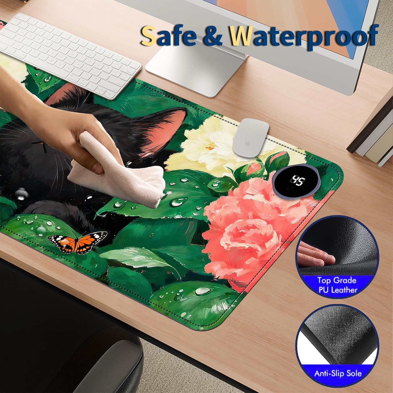 Heated Mouse Pad with 3 Temperature Settings(104°F–122°F),Large 31.5x13 Inch PU Leather Heated Desk Mat,Waterproof Warming Pad for Office,Gaming & Cold Hands Relief,Flower Black Cat Art
