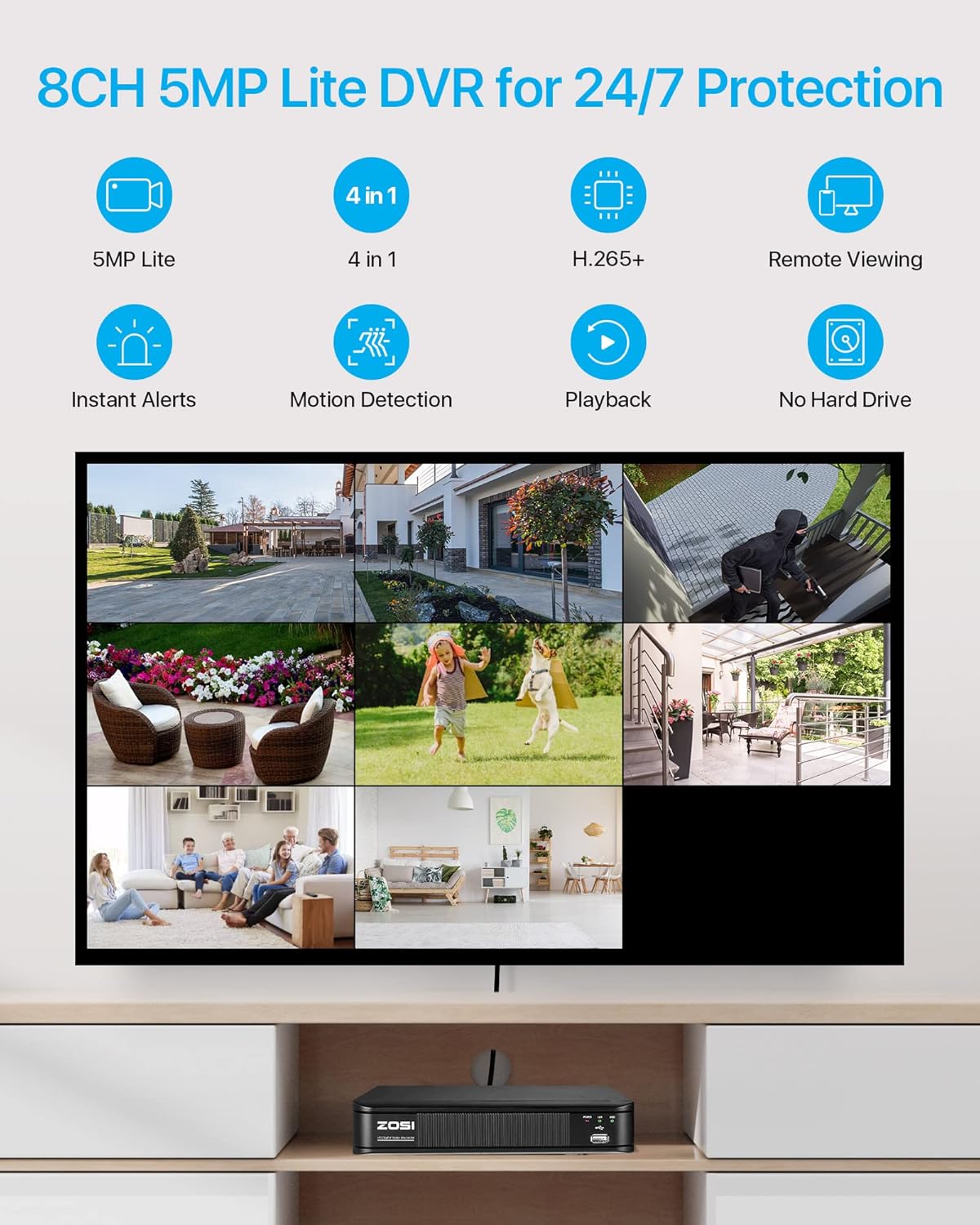 ZOSI 1080p H.265+ Security Camera System for Home, 5MP Lite 8 Channel CCTV DVR and 8 x 1080p Weatherproof Bullet Cameras Outdoor Indoor with 120ft Night Vision and 105°Wide Angle (No HDD Included)