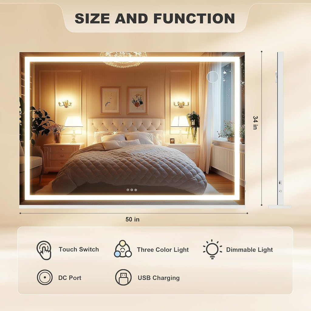 Hasipu Vanity Mirror with Lights, 50" x 34" LED Makeup Mirror, Lighted Makeup Mirror with Dimmable 3 Modes, Touch Screen Control Vanity Mirror Square White