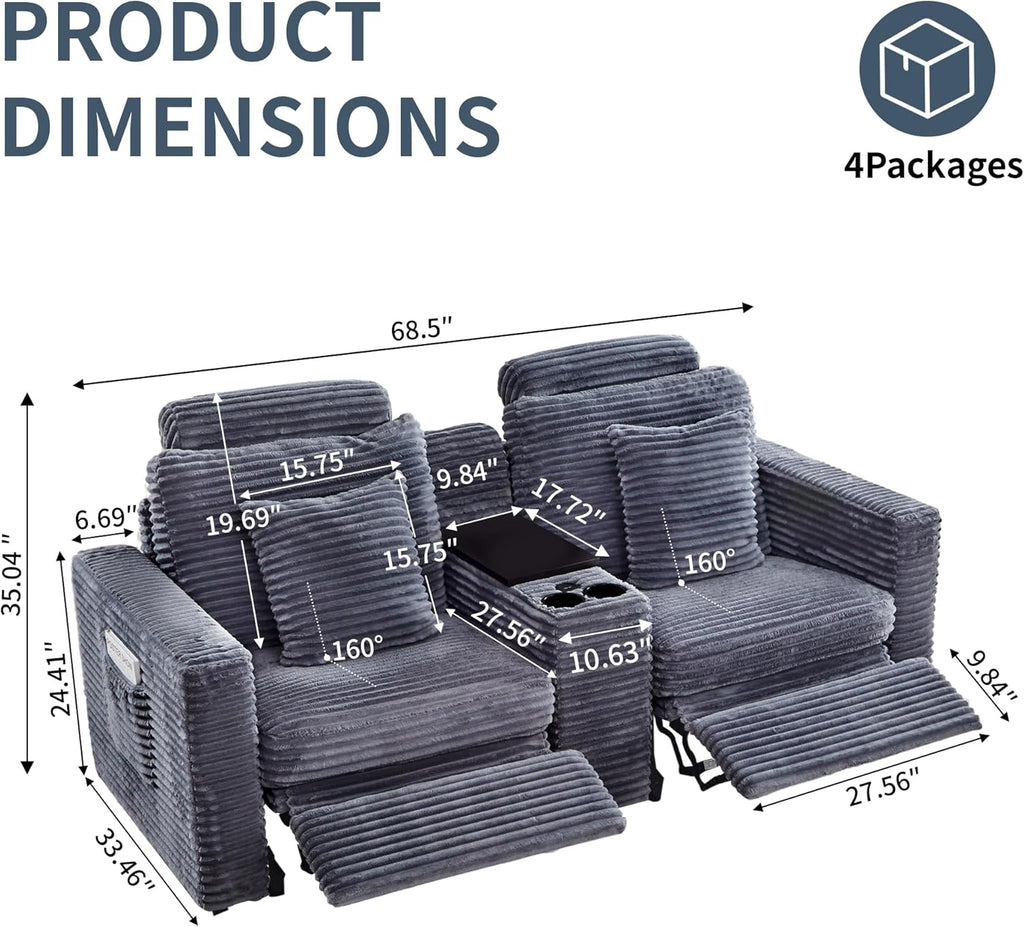 LEVNARY 2-Seater Modular Reclining Sofa with Center Console, Faux Rabbit Fur Power Recliner Loveseat with Cup Holders, USB Charging, Side Pockets & 2 Pillows, Living Room Furniture (Gray)