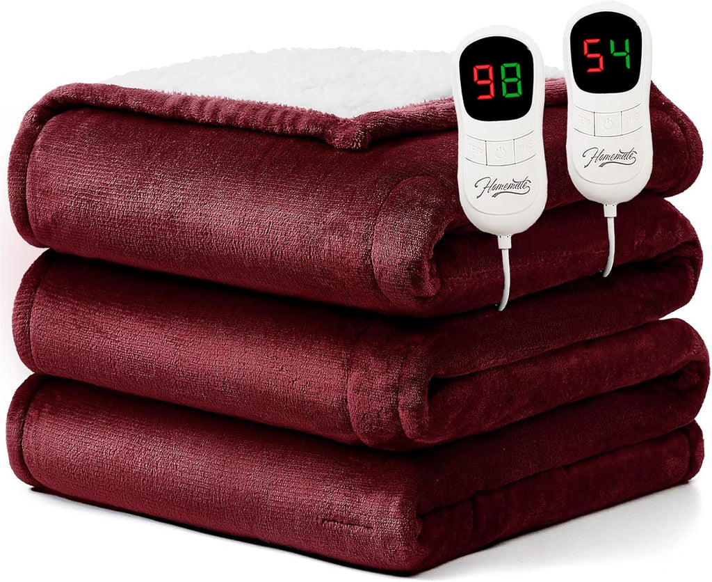 Homemate Electric Heated Blanket Queen Size - 84"x90" Heating Blanket Queen Size Dual Control 1/2/4/6/8 Hours Auto-Off 10 Heat Level Over-Heat Protection Flannel Sherpa ETL Certification