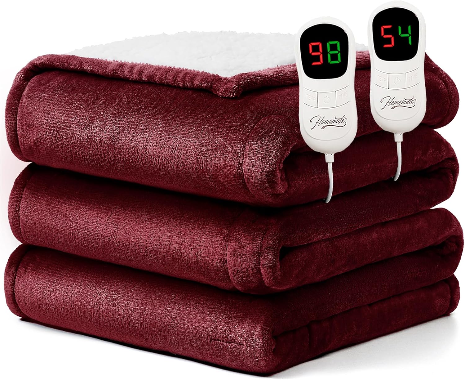 Homemate Electric Heated Blanket Queen Size - 84"x90" Heating Blanket Queen Size Dual Control 1/2/4/6/8 Hours Auto-Off 10 Heat Level Over-Heat Protection Flannel Sherpa ETL Certification
