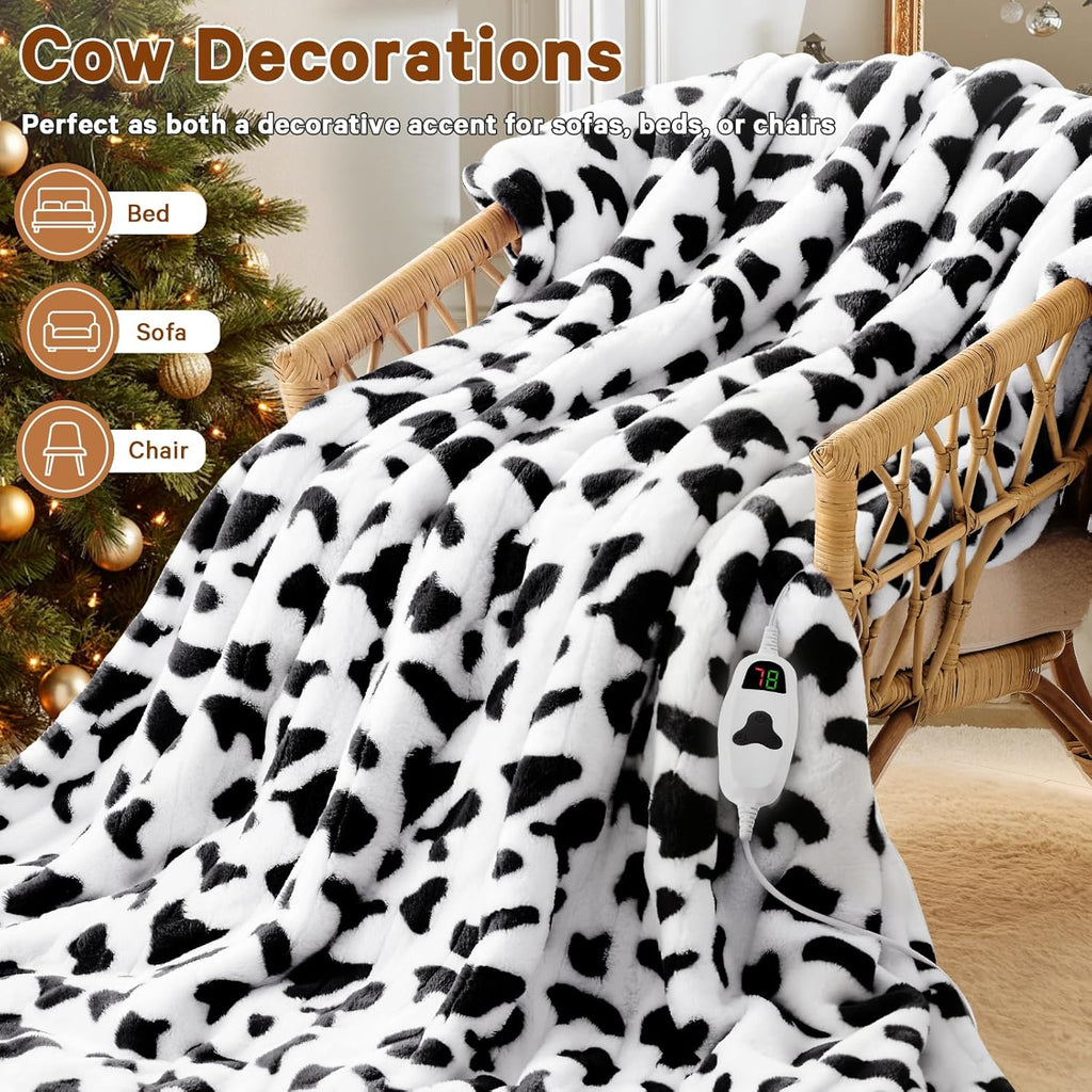 Cow Print Heated Electric Blanket Twin,62X84 Black Heating Blanket with 10 Heats Levels & 8 Hours Auto Off,Cute Cow Decor Fleece Sherpa Blankets Warmer Gifts for Women Couch Office,Washable