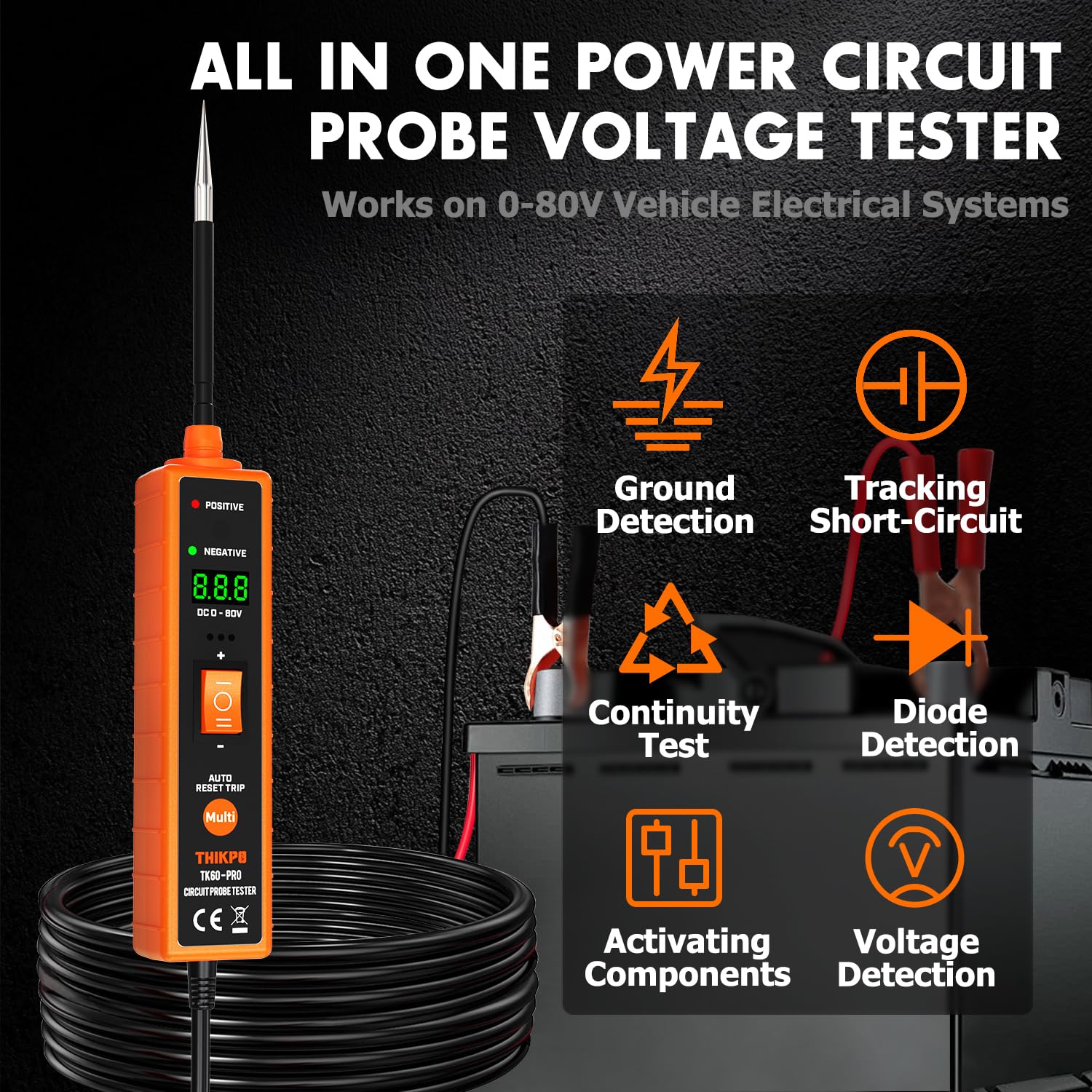THIKPO Power Circuit Probe Tester Kit, 6V-24V DC Test Light, Automotive Circuit Tester Car Short Finder, Component Activation, Polarity Identify, Overload Protection, Voltage Tester 0.3v-80v