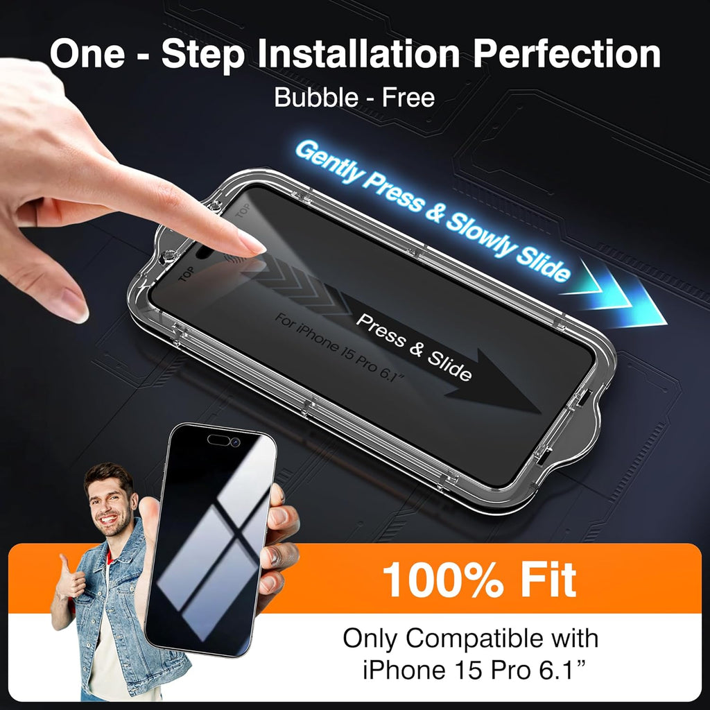 EZ-GLAZ-4 Pack for iPhone 15 Pro Privacy Screen Protector(6.1'') With [2 Pcs Camera Lens Protector], Anti-Spy, 9H Hardness, Drop-Resistant, Case Friendly, Anti-Scratch & EZ-To-Install Tempered Glass