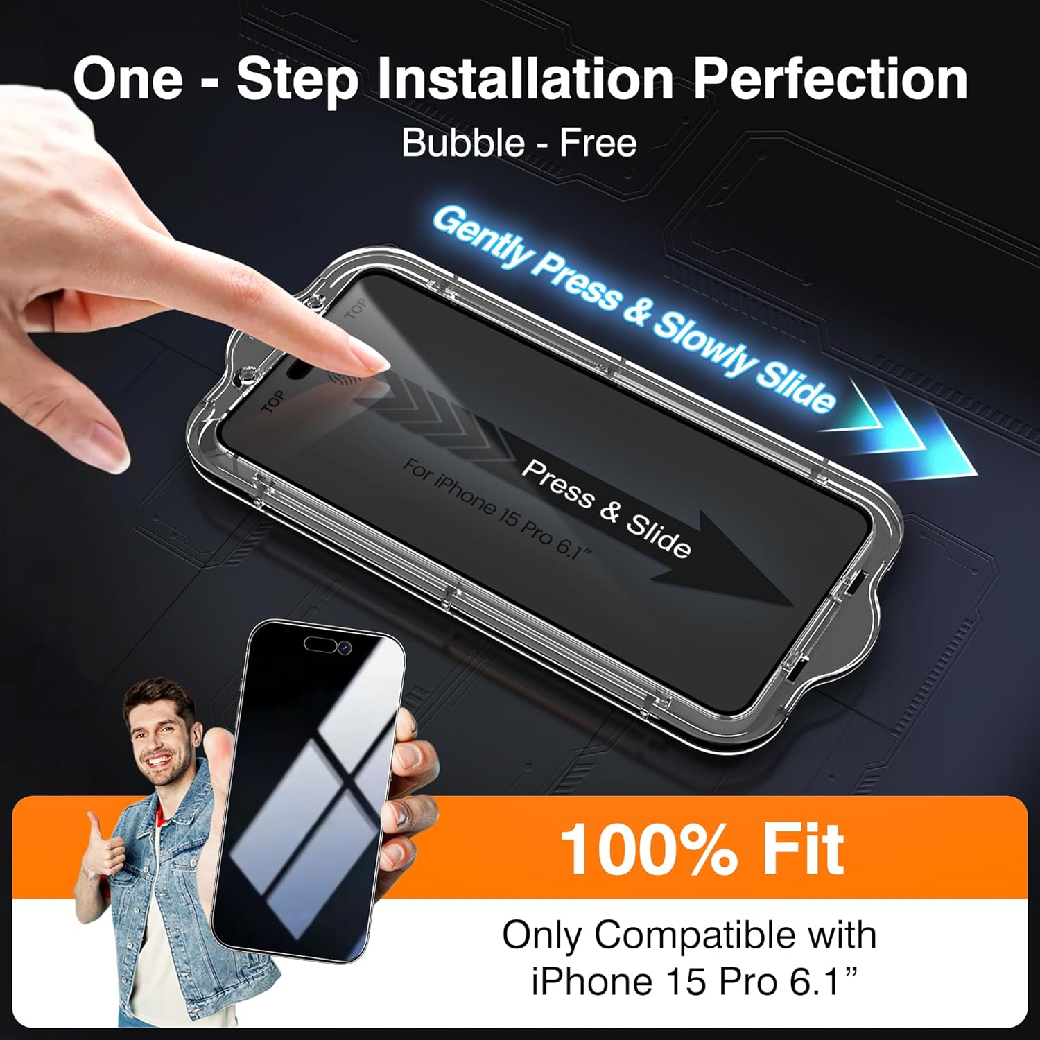 EZ-GLAZ-4 Pack for iPhone 15 Pro Privacy Screen Protector(6.1'') With [2 Pcs Camera Lens Protector], Anti-Spy, 9H Hardness, Drop-Resistant, Case Friendly, Anti-Scratch & EZ-To-Install Tempered Glass