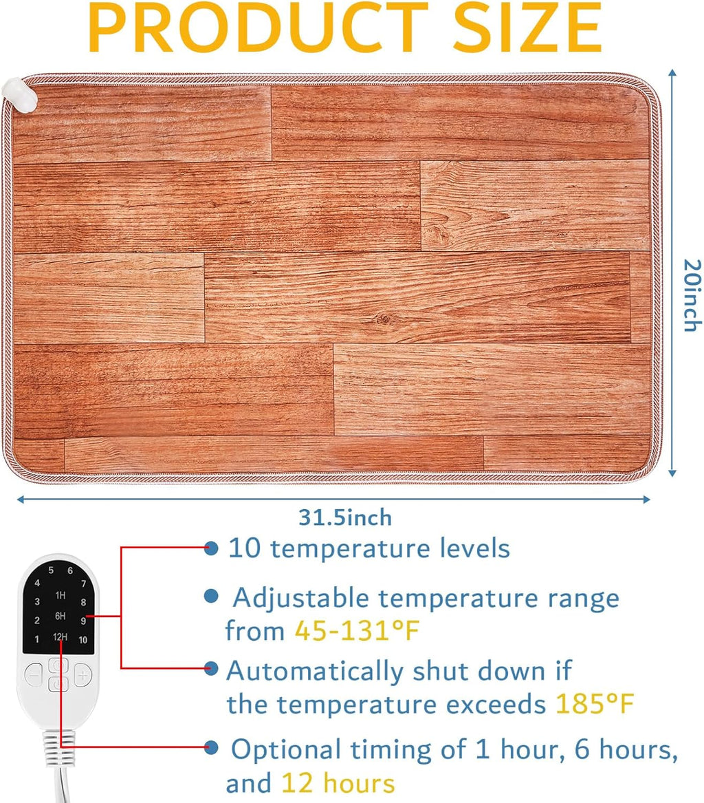 PVC 110V Heated Floor Mat Heater for Foot Warmer Under Desk 31.5 x 20 Inch Electric Heating Pad Energy Saving Carpet Pad Indoor Floor Heated Rug for Home Office Bathroom House Reddish-Brown