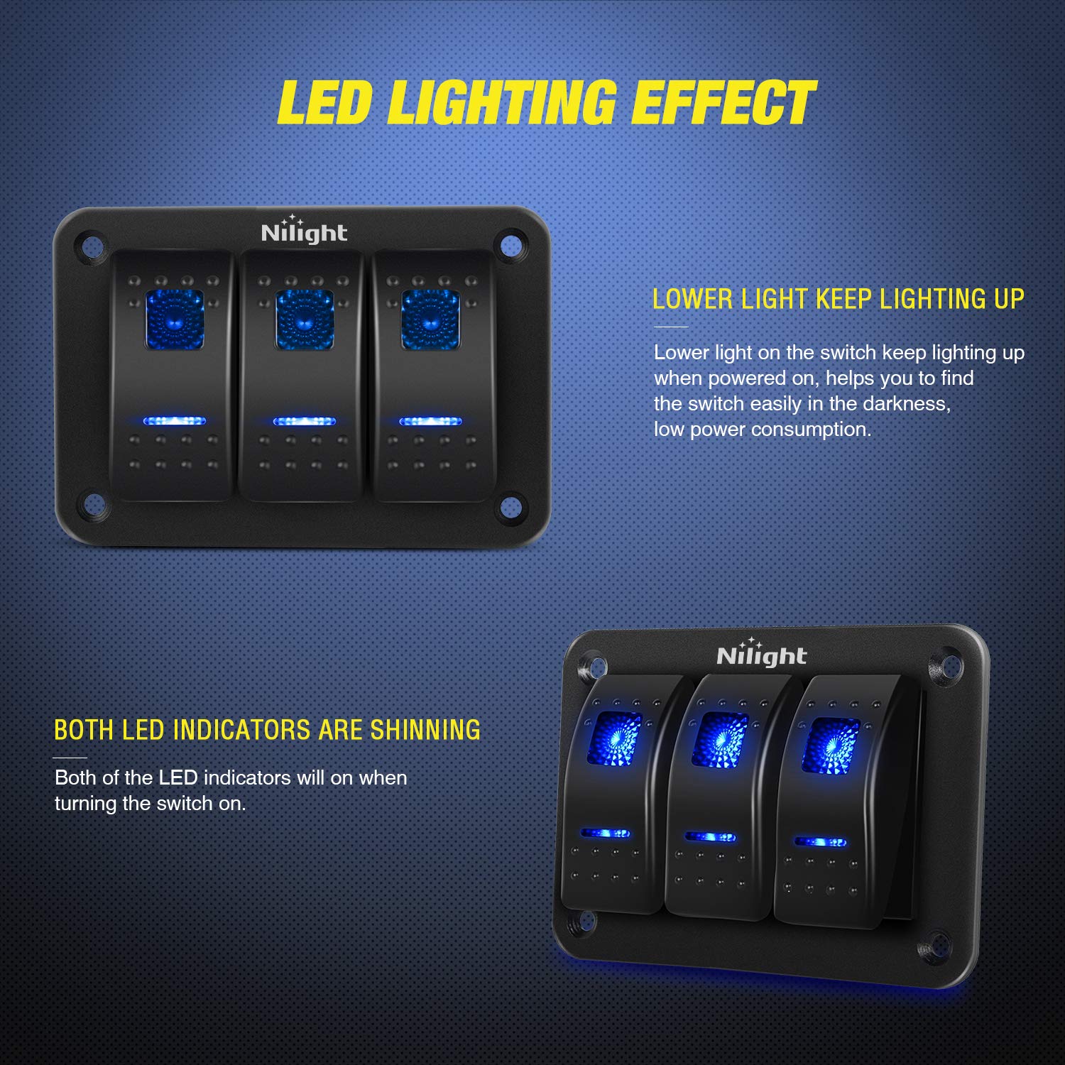 Nilight 90017C 3 Gang Aluminum Panel Toggle Dash 5 Pin On/Off Pre-Wired Rocker Switch Holder for Automotive Car Marine Boat, 2 Years Warranty,Blue