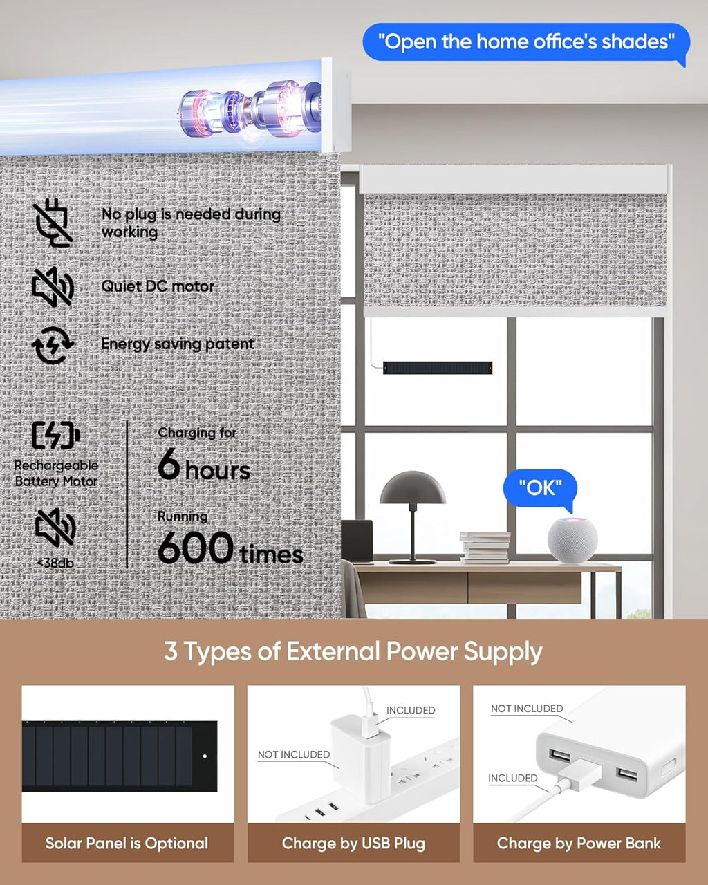 Kincmo Motorized Blinds with Remote,100% Blackout Motorized Roller Shades Work with Apple Homekit,Alexa,Google, Custom Electric Blinds with App,Voice Control (Groove Grey)