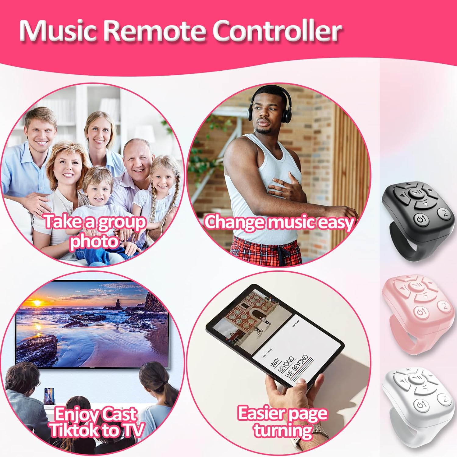 TikTok Scrolling Ring - Bluetooth Remote for TikTok Clips & Tunes, iPhone-Compatible Fingertip Wireless Bluetooth Controller, Ideal for iPad, iOS & Android, with Lively Camera Shutter-(Black)