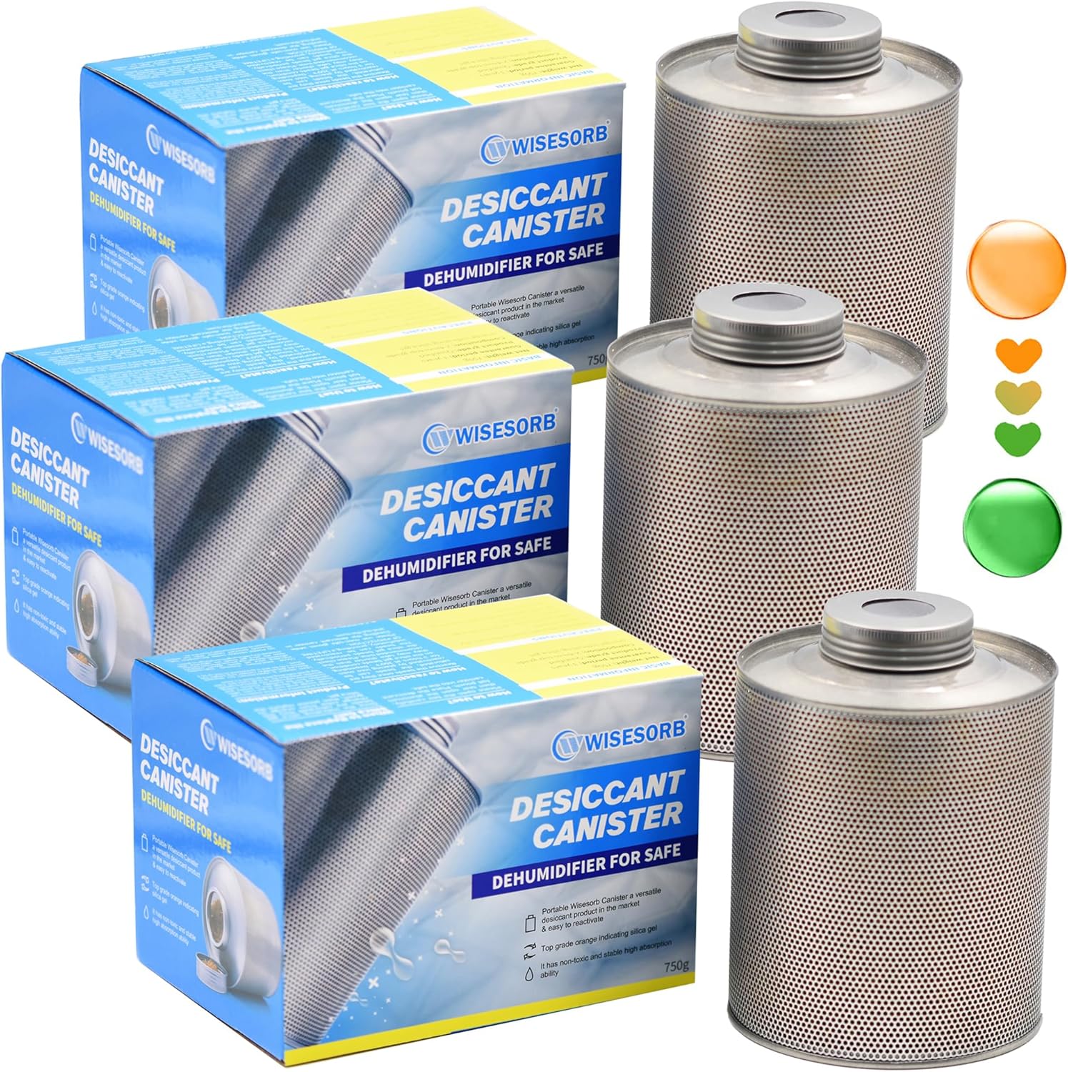 750 Grams 3 Pack Gun Safe Dehumidifier, Reusable Canister Desiccant Dehumidifier, Rechargeable 1.65 Lbs Indicating Silica Gel Orange To Green, Pack of 3