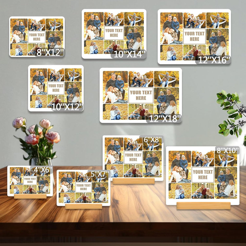 Custom Photo Prints - Metal Desktop Picture Frame with Photos Collage & Text & Wooden Base Personalized Gifts for Family Lovers Pets and Friends, Optional Multiple Sizes
