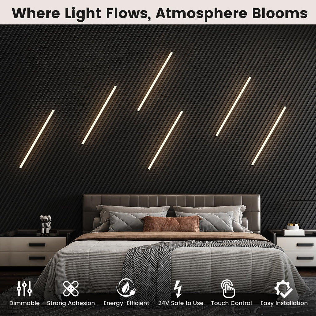 Wall Led Lights - GloryAir 6pcs Black 3000K Warm White Led Panel Light Strips, Self-Adhesive Dimmable Touch Switch Wall Slat Lights for Wood Slat, Fluted Panel, Bedroom Headboard