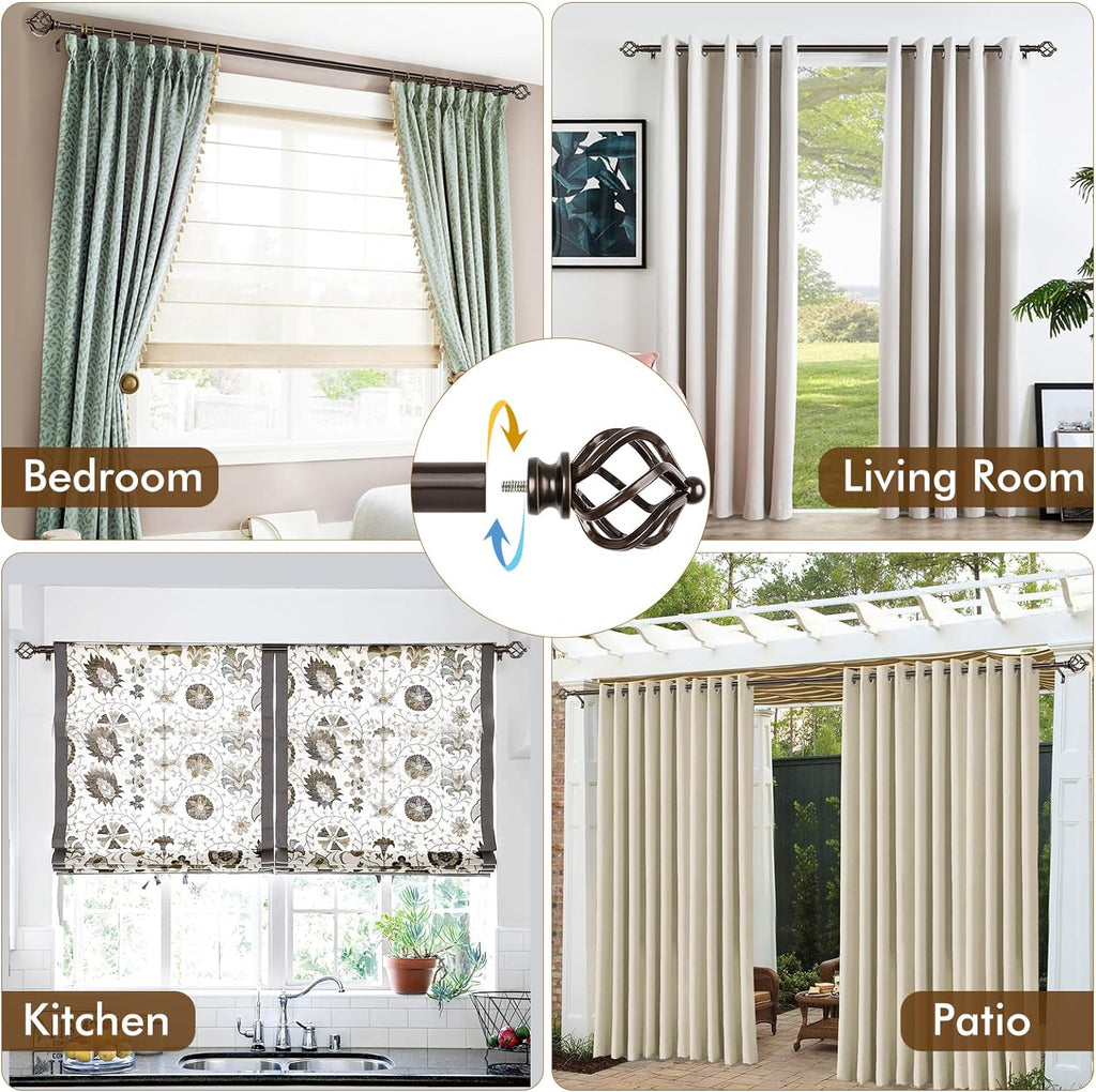 KAMANINA Bronze Curtain Rod 32 to 58 Inch(2.6-4.8ft), Adjustable Curtain Rods for Windows 28 to 48 Inch, 3/4 Inch Splicing Drapery Rods with Twisted Cage Finial
