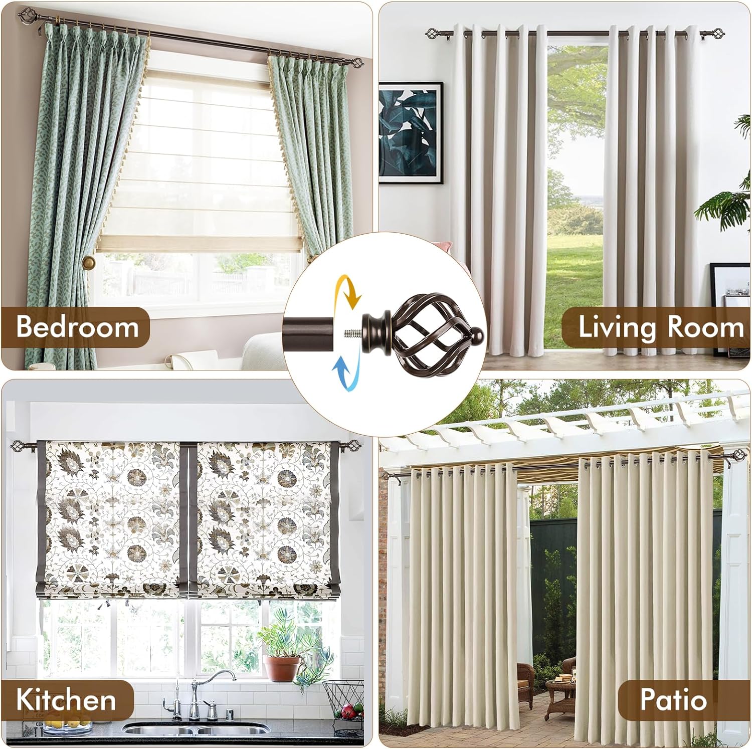 KAMANINA Bronze Curtain Rod 32 to 58 Inch(2.6-4.8ft), Adjustable Curtain Rods for Windows 28 to 48 Inch, 3/4 Inch Splicing Drapery Rods with Twisted Cage Finial