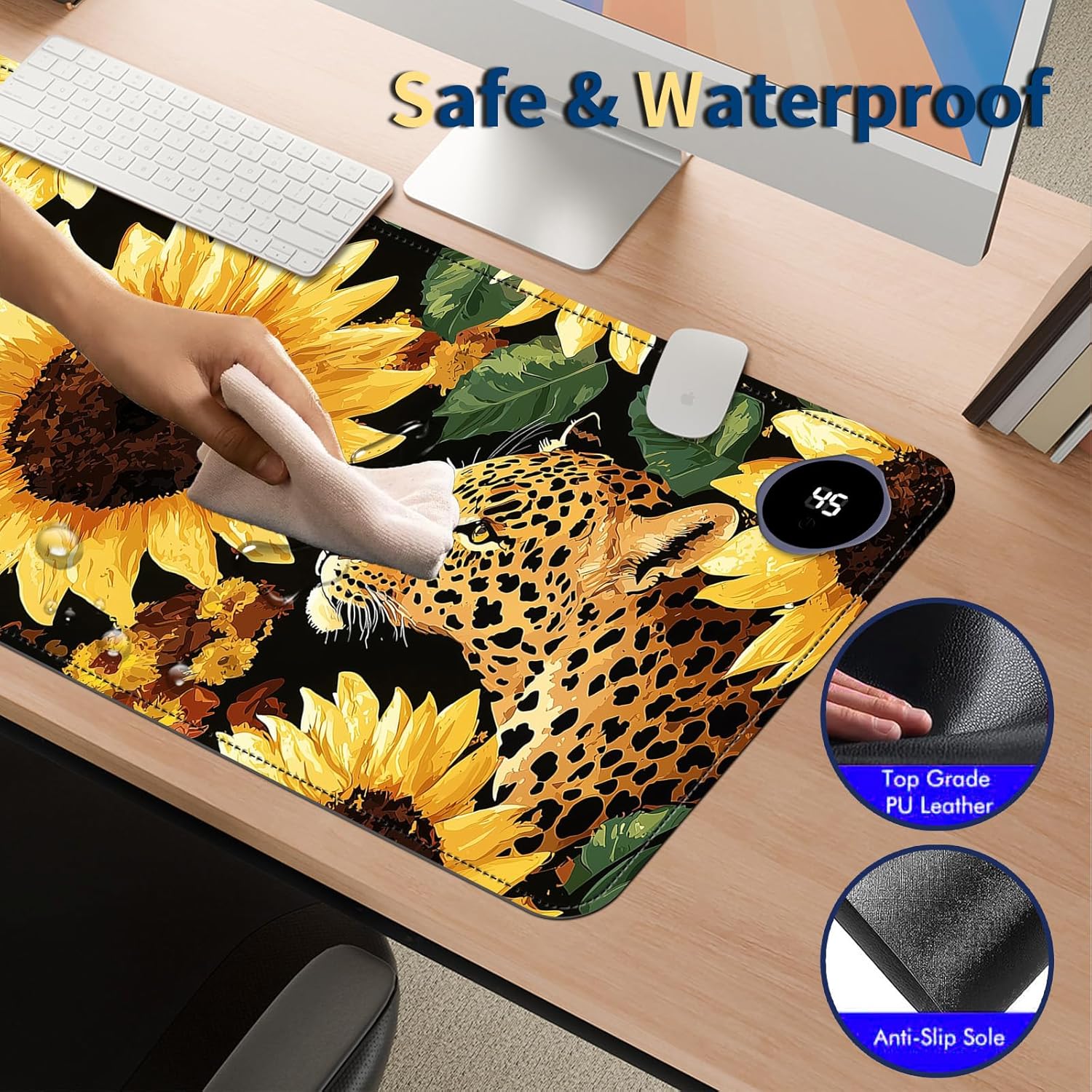 Heated Mouse Pad with 3 Temperature Settings(104°F–122°F),Large 31.5x13 Inch PU Leather Heated Desk Mat,Waterproof Warming Pad for Office,Gaming & Cold Hands Relief,Sunflowers Leopard Print