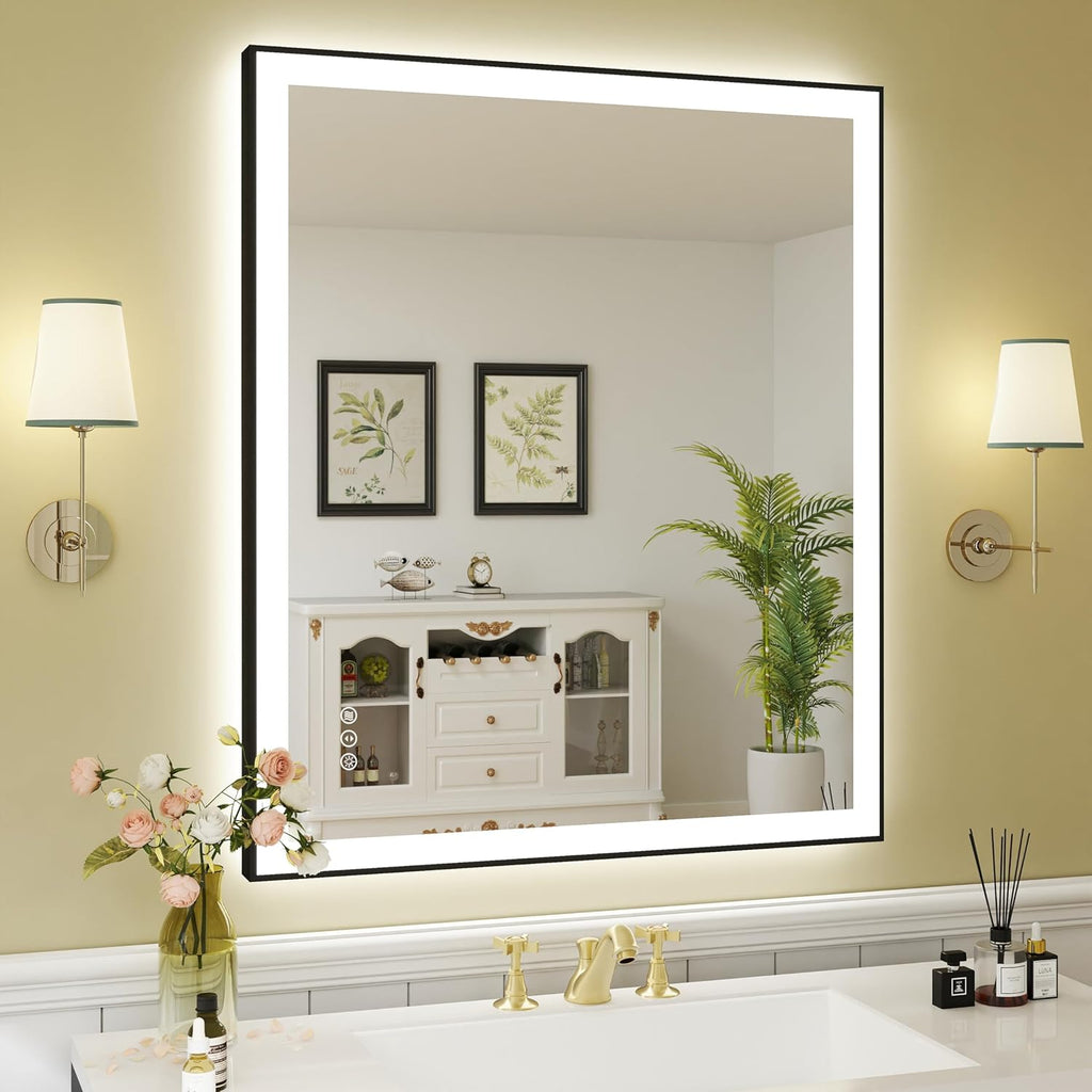 WTTY 30"X36" LED Bathroom Mirror with Black Frame, Bathroom Vanity Mirror with Lights for Wall, Front Light and Backlit, Anti-Fog, Dimmable, 3 Colors, Shatterproof, Memory, Horizontal/Vertical