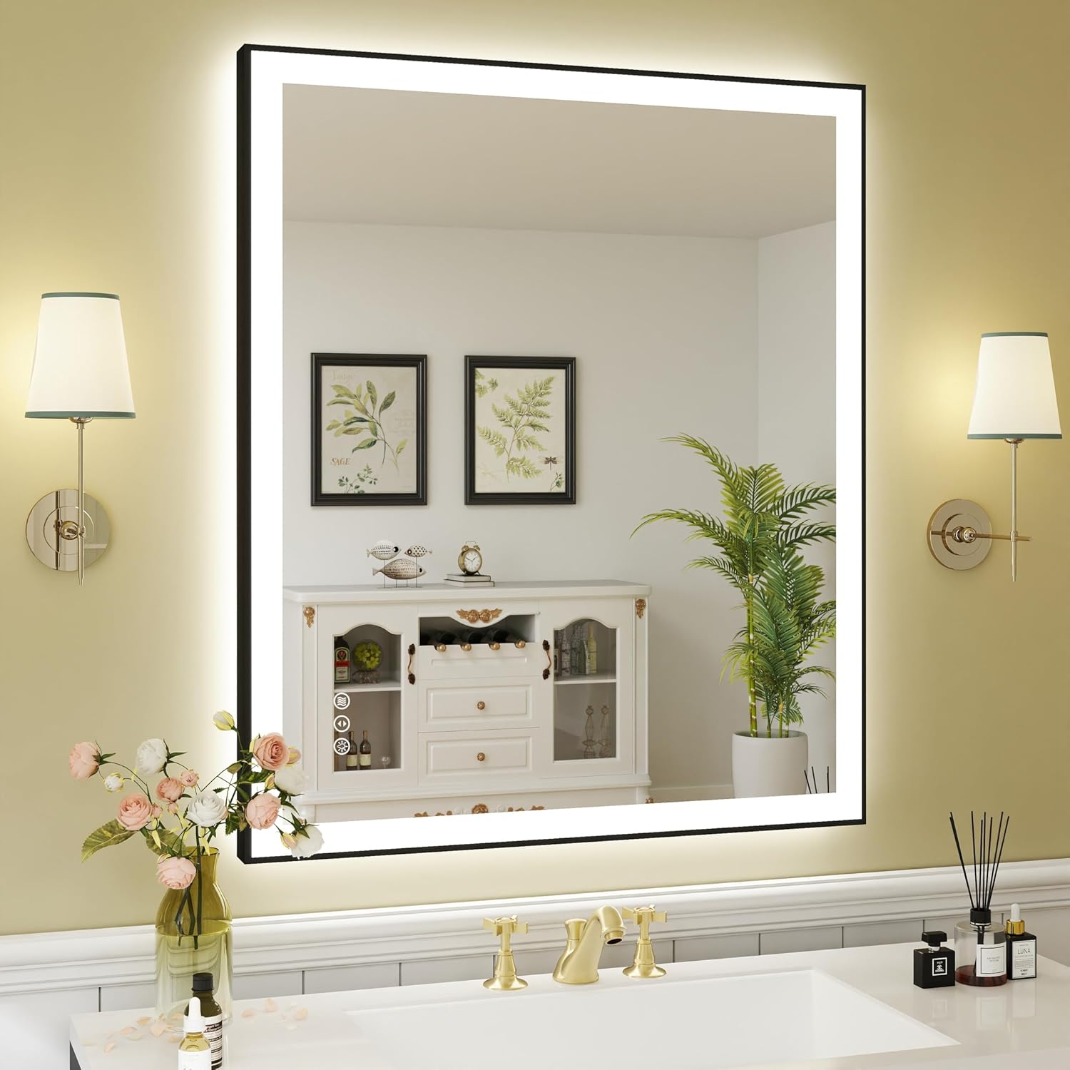 WTTY 30"X36" LED Bathroom Mirror with Black Frame, Bathroom Vanity Mirror with Lights for Wall, Front Light and Backlit, Anti-Fog, Dimmable, 3 Colors, Shatterproof, Memory, Horizontal/Vertical