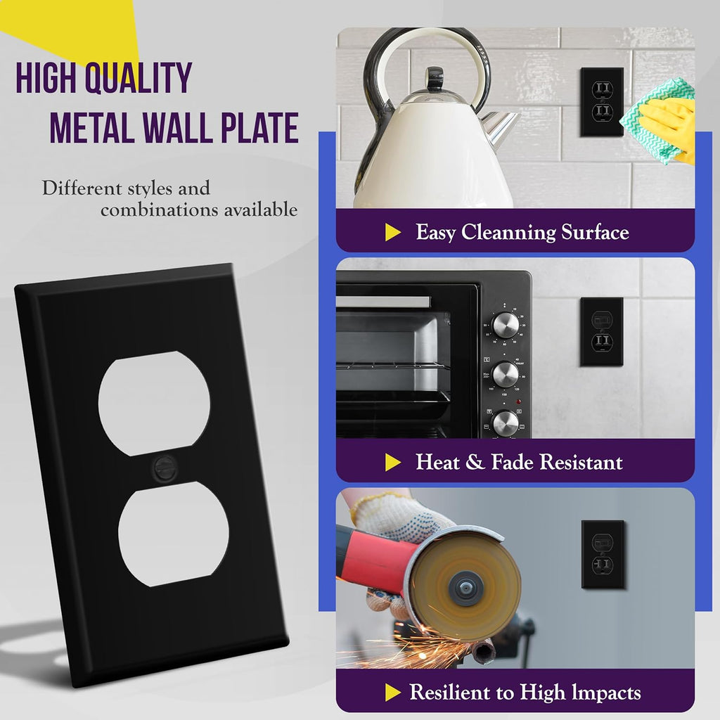 ENERLITES Duplex Receptacle Metal Wall Plate, Outlet Cover, Corrosion Resistant, Standard Size 1-Gang 4.50" x 2.76", Powder Coated Stamped Steel, 7721-BM, Black Matte