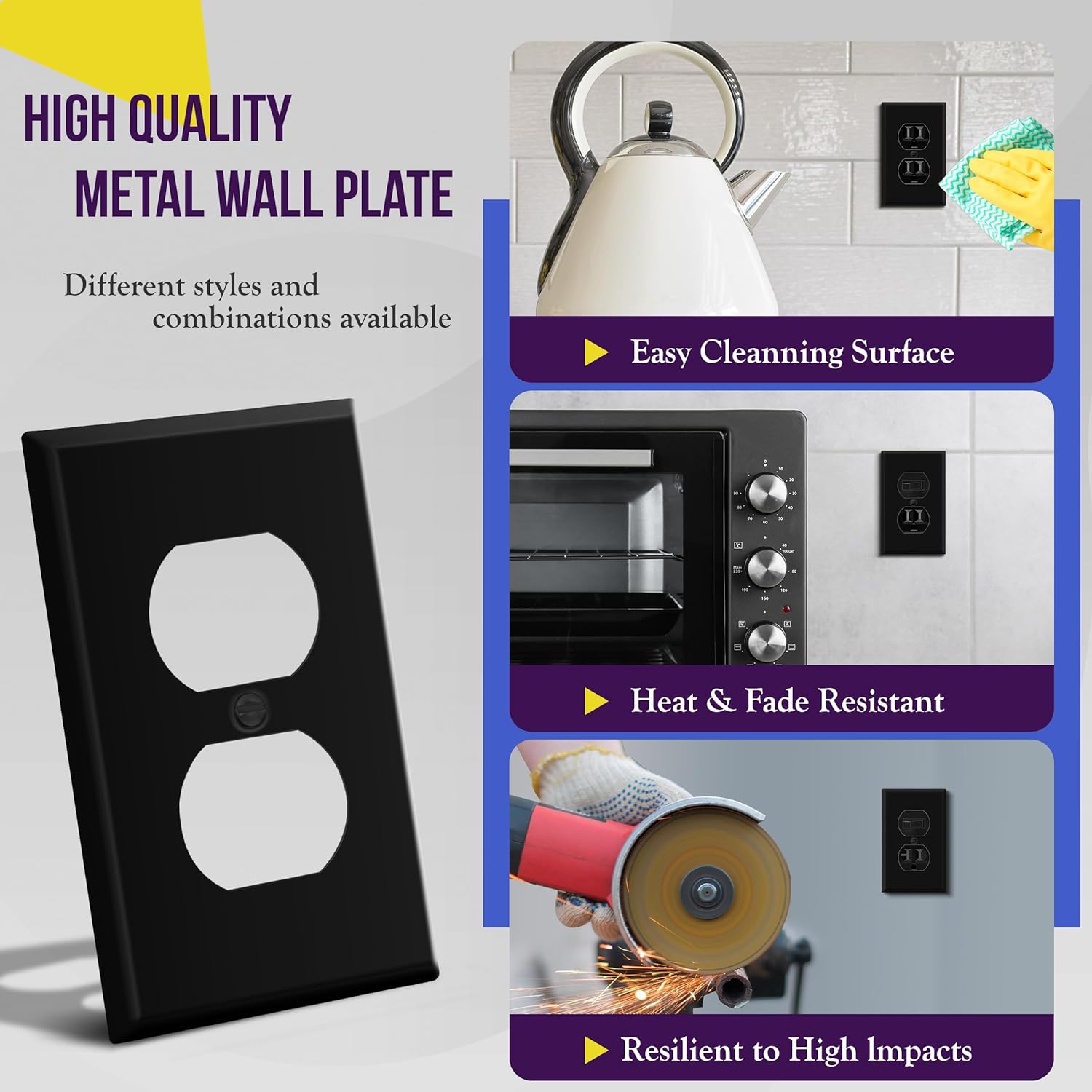 ENERLITES Duplex Receptacle Metal Wall Plate, Outlet Cover, Corrosion Resistant, Standard Size 1-Gang 4.50" x 2.76", Powder Coated Stamped Steel, 7721-BM, Black Matte