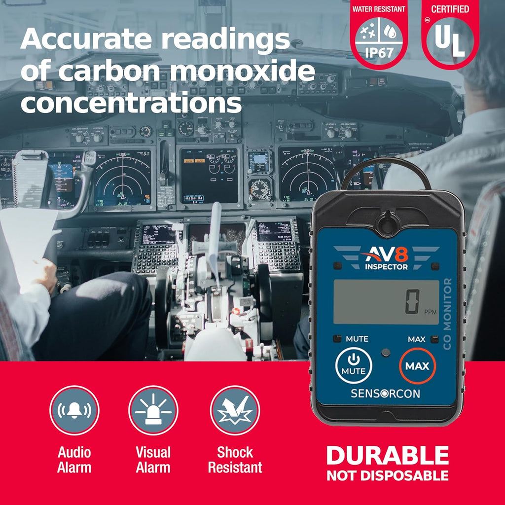 AV8 Inspector Portable Carbon Monoxide Detectors for Aviation – Professional-Grade Digital Carbon Monoxide Monitor with Visual and Audio Alarms