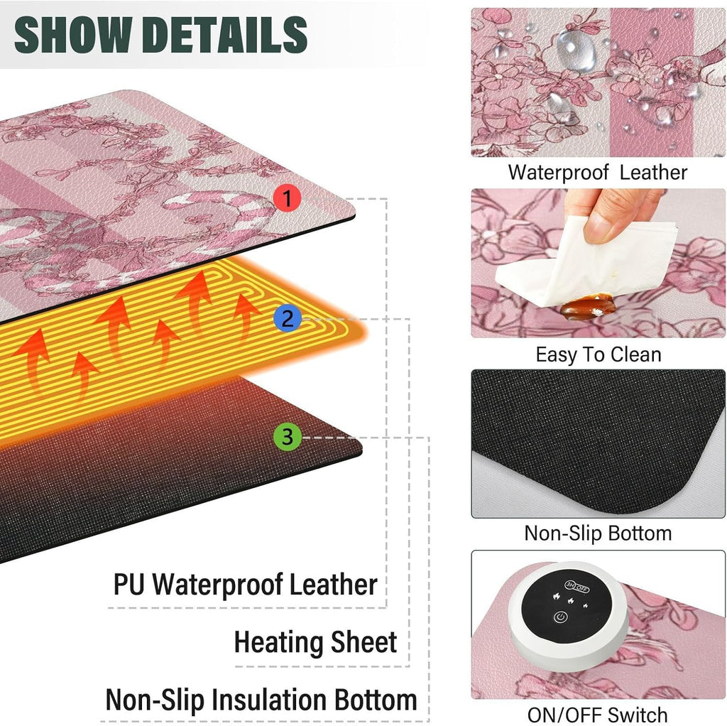 Heated Desk Pad Mouse Pad 31.5x13 Inch PU Leather Desk Mat with 3 Heat Levels Large Mouse Gaming Computer Laptop Mat Pink Leopard Stripes Floral