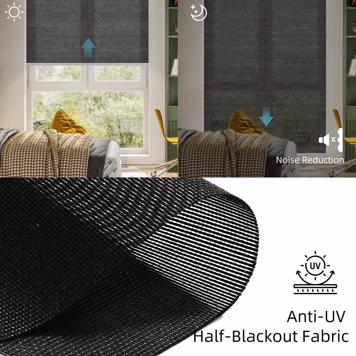 SmartWings Motorized Light Filtering Shades, Work with Matter Homekit Z-Wave Zigbee Alexa Google, 50% Blackout PVC Free Smart Blinds for Windows Cordless Window Shades with Remote Customized, Black
