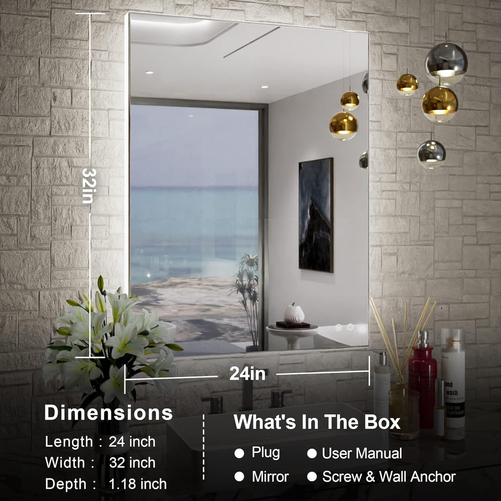 TETOTE 24x32 LED Backlit Mirror Bathroom with Light,3Color White/Warm/Natural,Anti-Fog Lighted Mirror,Dimmable,Vanity Mirror,Wall Mounted