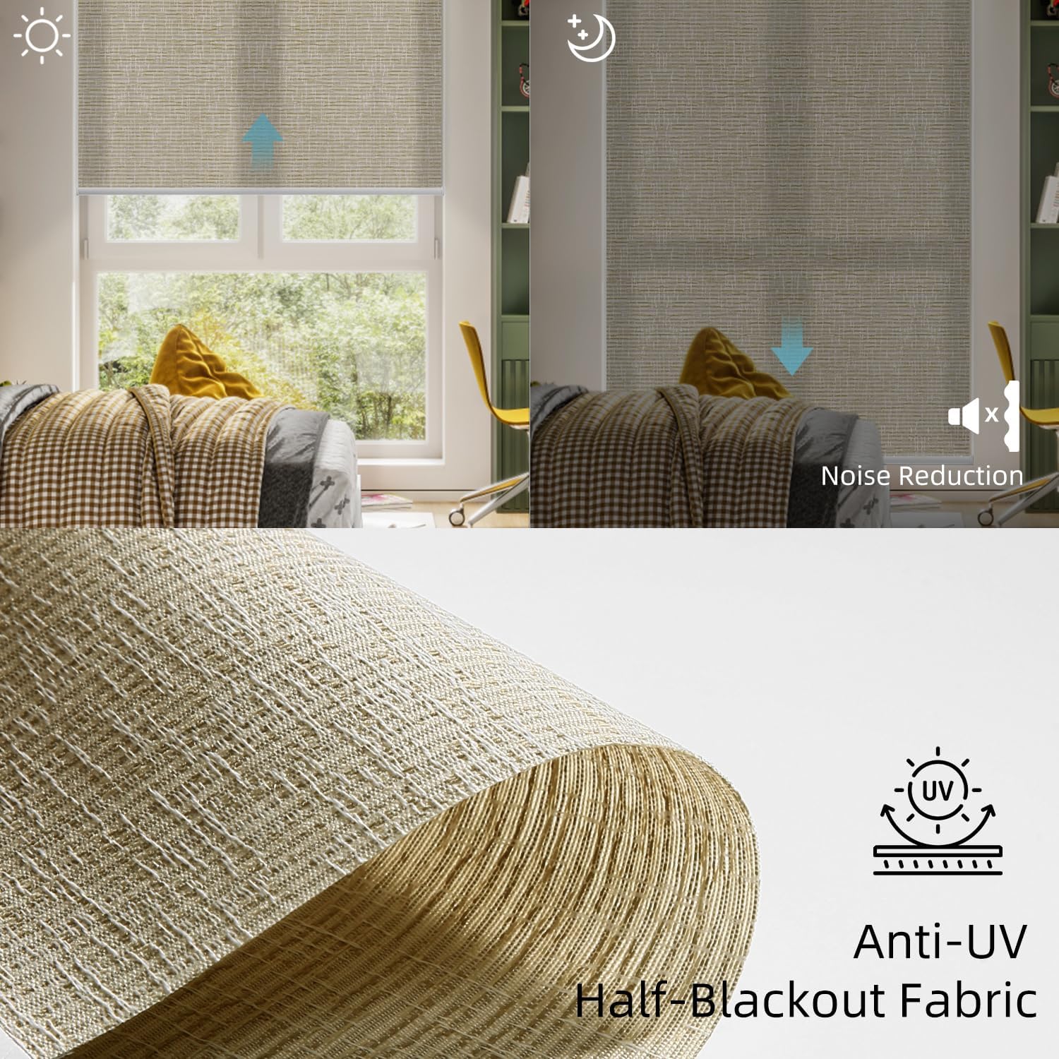 SmartWings Motorized Light Filtering Shades, Work with Matter Thread Homekit Z-Wave Alexa Google, 70% Blackout Shades Translucent, Cordless Blinds with Remote Control Rechargeable, Safari Biscuit
