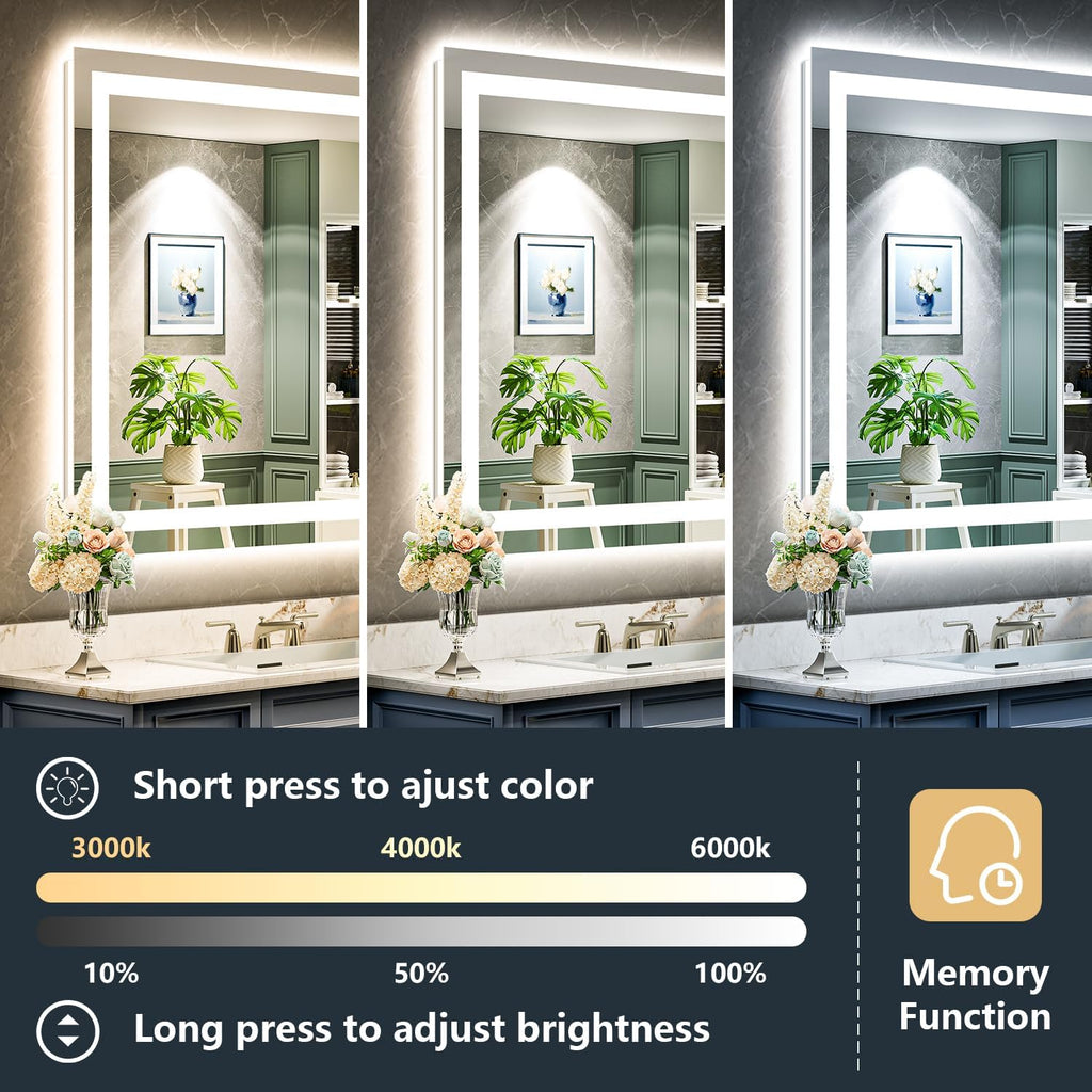32x36 Inch LED Bathroom Mirror with Lights Front and Backlit Lighted Vanity Mirror for Bathroom Wall with 3 Colors Dimmable Anti-Fog Memory Shatter-Proof IP54 Waterproof Horizontal/Vertical