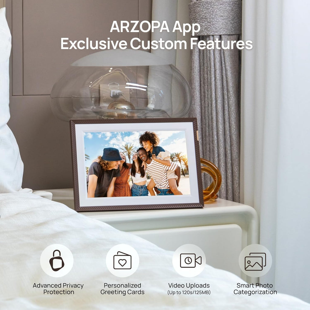 ARZOPA 10.1" WiFi Digital Picture Frame 32GB HD IPS Anti-Glare Touch Screen Digital Photo Frame, Wall Mountable, Auto-Rotate, Easy Sharing Photos Videos &Custom Gifting via Free ARZOPA APP - D10 Brown
