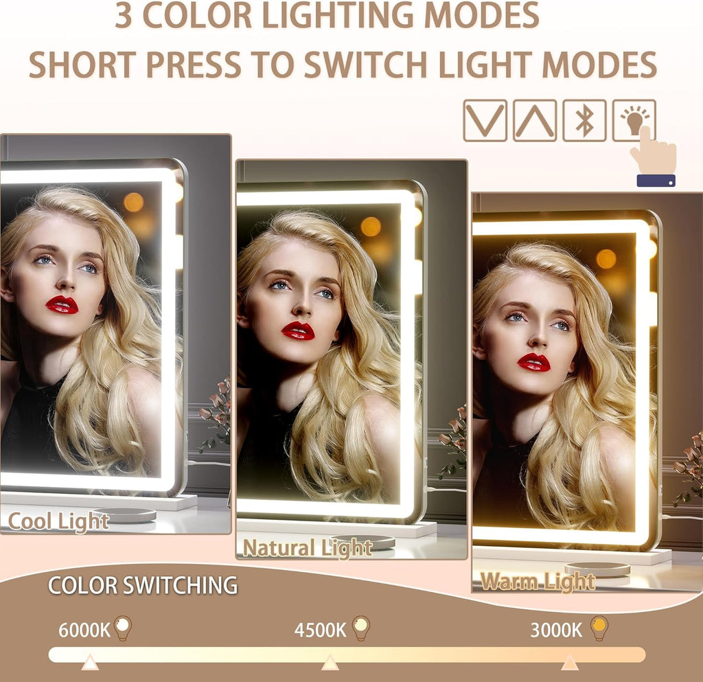 Hasipu Vanity Mirror with Lights and Bluetooth Speaker, 37.4" x 25.6" LED Makeup Mirror, Lighted Makeup Mirror with Dimmable 3 Modes, Touch Screen Control Vanity Mirror Round White