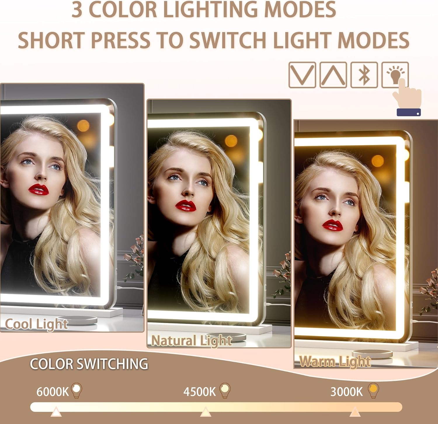Hasipu Vanity Mirror with Lights and Bluetooth Speaker, 37.4" x 25.6" LED Makeup Mirror, Lighted Makeup Mirror with Dimmable 3 Modes, Touch Screen Control Vanity Mirror Round White