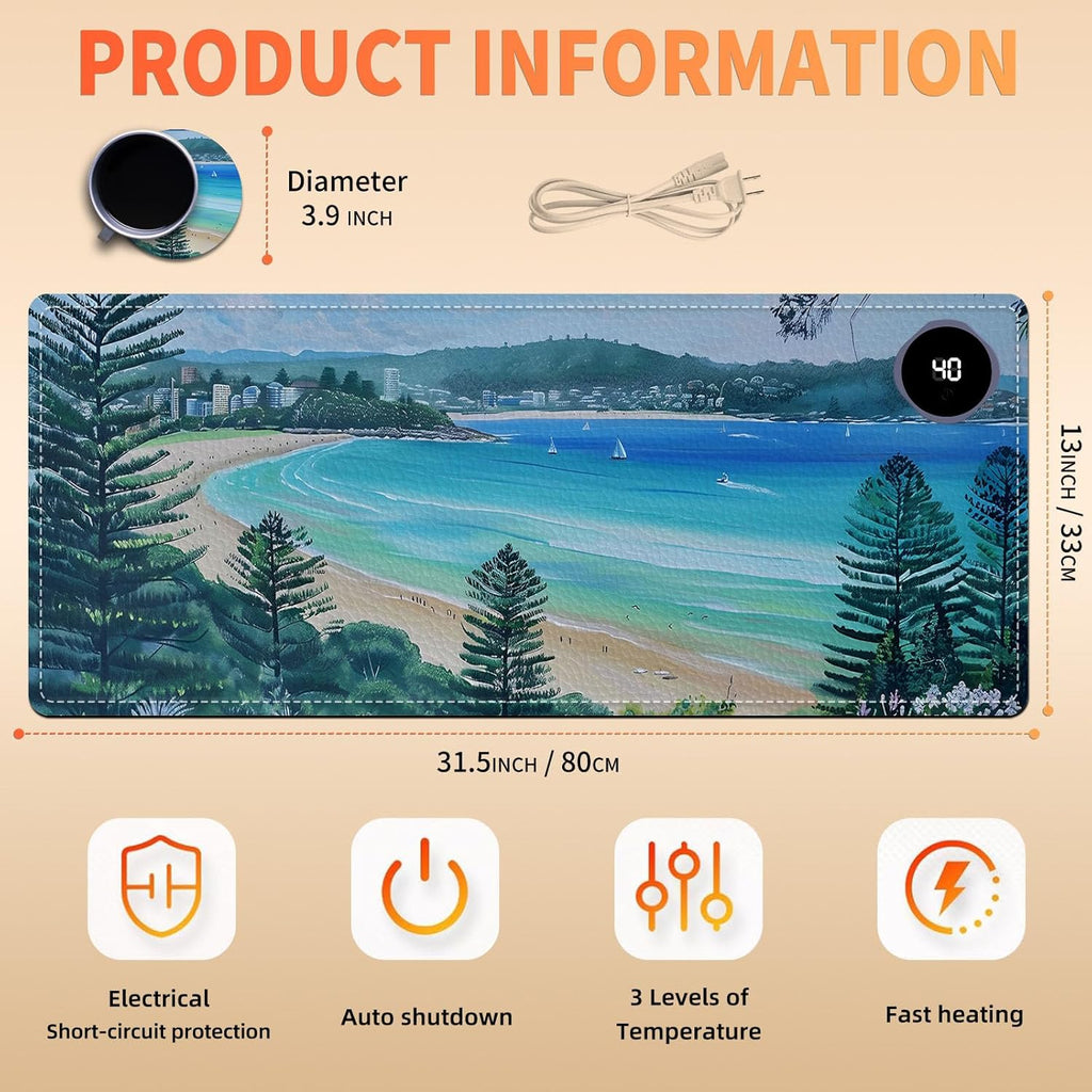 Heated Mouse Pad, Warm Desk Pad, Keyboard Mat 31.5 x 13 Inch Large Size Intelligent Fast Heating, 3 Speed Adjustable, Timed Auto Power Off for Game Office Home,Blue Sea Level Beach Woods