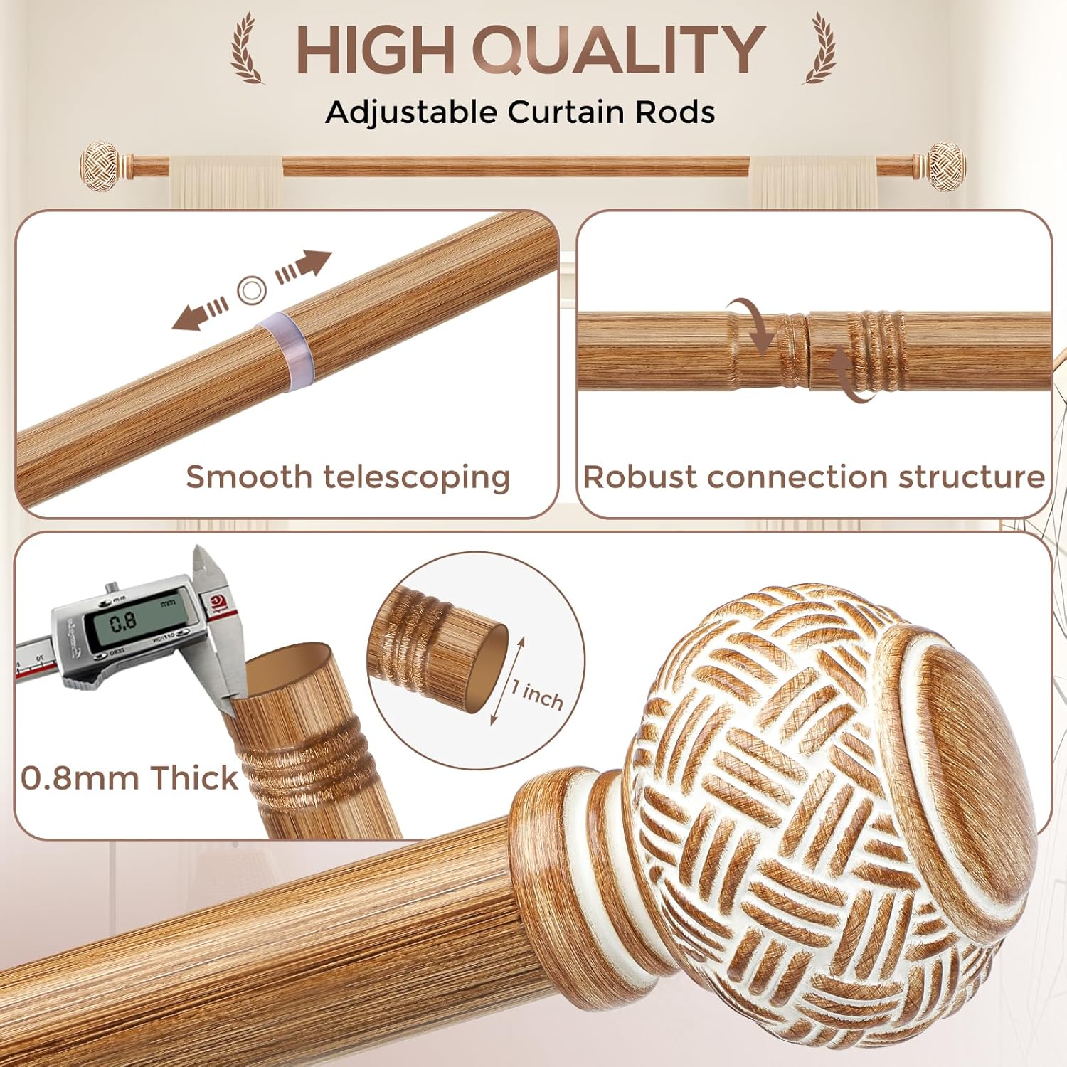 2 Pack Wood Curtain Rods for Windows 28 to 48 Inches, Decorative 1'' Diameter Heavy Duty Adjustable Rustic Farmhouse Drapery Pole with Boho Imitation Wooden Grain Finials, Size: 30''-60'', Brown