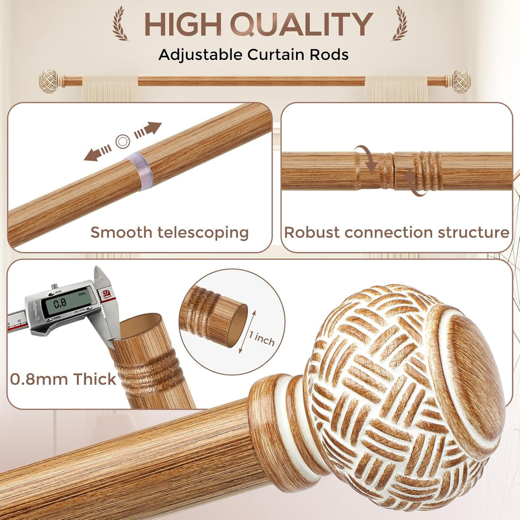 Wood Curtain Rods for Windows 48 to 84 Inches, Decorative 1'' Diameter Heavy Duty Adjustable Rustic Farmhouse Drapery Pole with Boho Imitation Wood Grain Finials, Size: 30''-88''