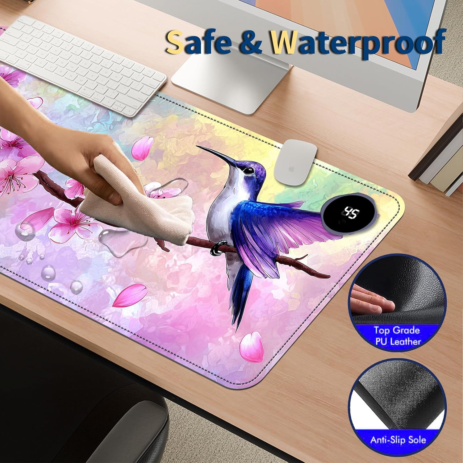 Heated Mouse Pad with 3 Temperature Settings(104°F–122°F),Large 31.5x13 Inch PU Leather Heated Desk Mat,Waterproof Warming Pad for Office,Gaming & Cold Hands Relief,Hummingbird Cherry Bloom