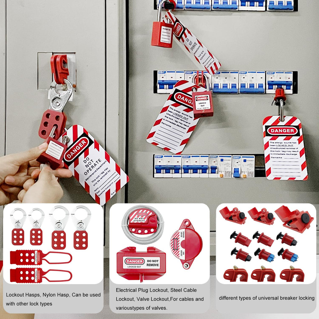SAFBY 2-in-1 Lockout Tagout (Loto) Kits–Complete OSHA Safety Group Lock Out Hasps, Tag Out Clamp-On Circuit Breaker Lockout for Universal Multi- Pole Breaker Electrical Kits Station (2 Kits in 1)