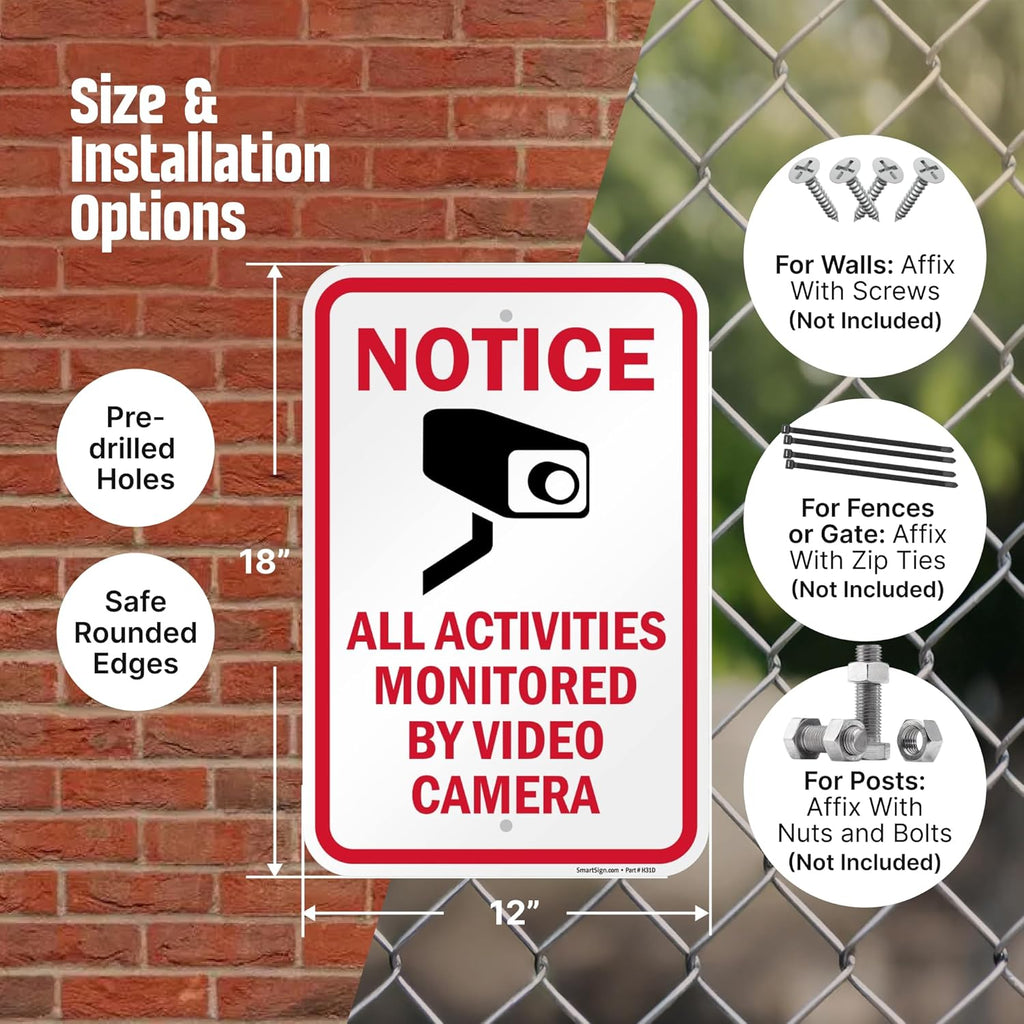 SmartSign Notice All Activities Monitored By Video Camera Sign - 2 Pack, 18 x 12 inch, 2mm Aluminum Composite, Red/Black on White, Made in USA