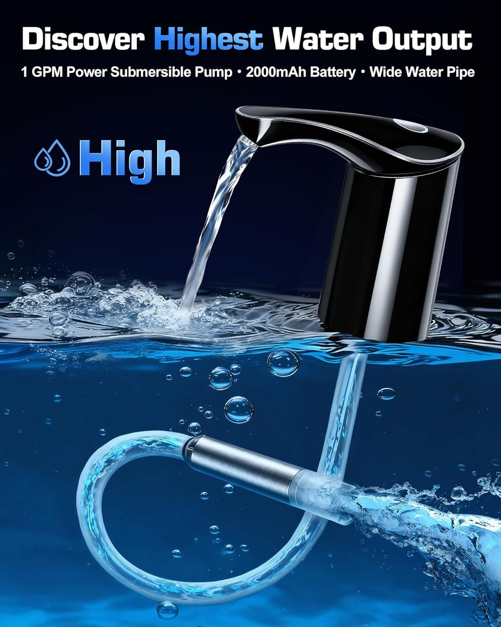 Rechargeable Water Dispenser Pump for 5 Gallon Bottle, Electric USB-C Large Flow Water Jug Dispenser, Portable Automatic Submersible Bottle Pump Silent Operation for Camping Home Office