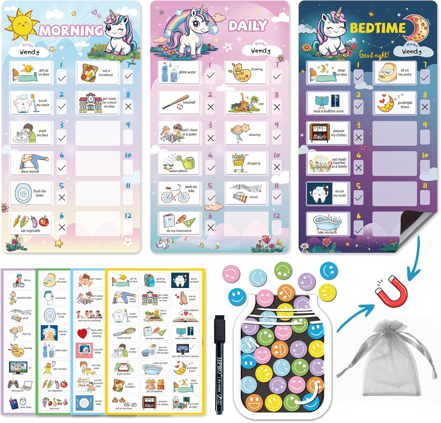 JJPRO Magnetic Bedtime/Morning/Daily Reward Routine Chart for Kids with Reward Jar-Bedtime Routine Chart,Reward Jar for Kids,Daily Checklist Reward Chart for Toddlers,Visual Schedule Board -Unicorn